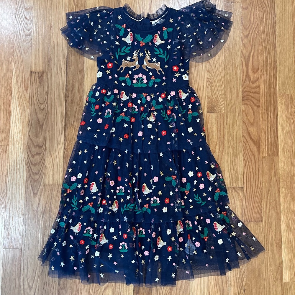Girls' Navy Blue Floral Dress with Star Pattern